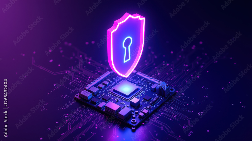 Poster cybersecurity with a shield and circuit board for protection.