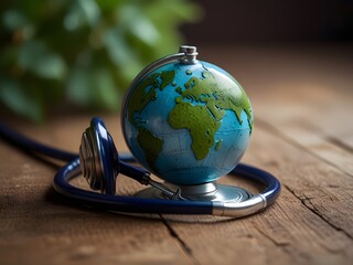 World Health Day Concept: Handmade Globe in Heart-Shaped Stethoscope, Symbolizing Global Care and Sustainability in a Green Environment