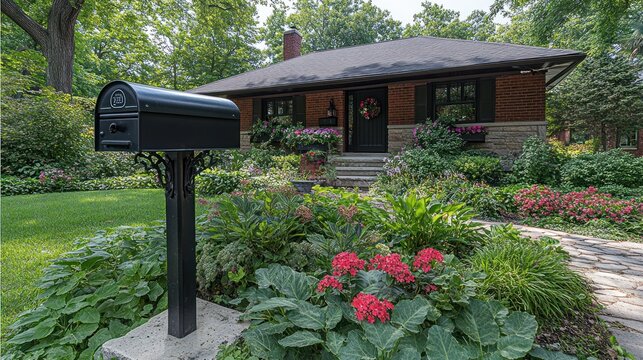 Suburban house, mailbox, garden, summer, landscaping, real estate