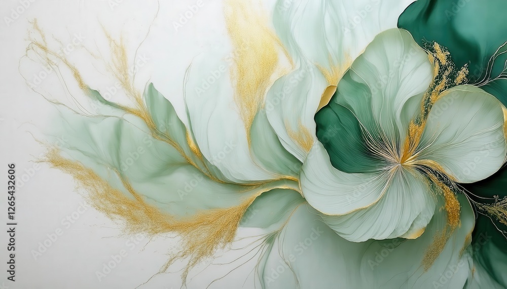 Aufkleber delicate flowing green abstract art with golden highlights, elegant organic shapes and soft gradient
