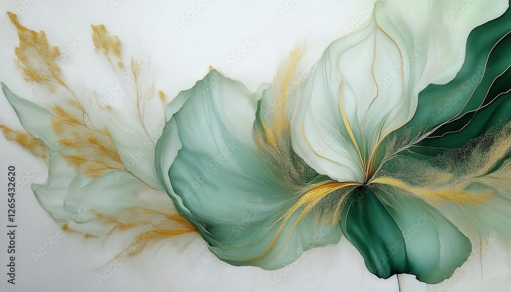 Poster delicate flowing green abstract art with golden highlights, elegant organic shapes and soft gradient