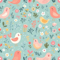 Whimsical Floral Pattern with Birds and Flowers in Pastel Colors