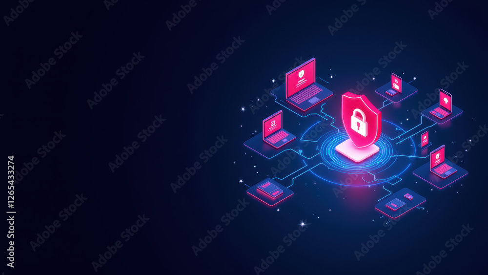 Poster cybersecurity concept with interconnected network of icons.