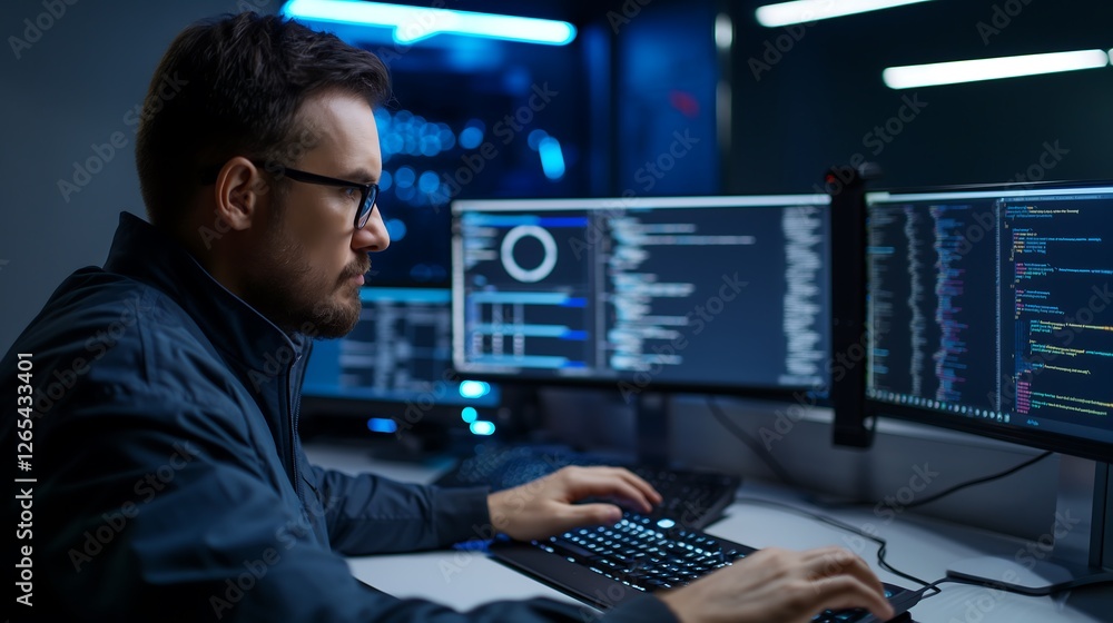 Poster a focused male tech worker sitting at a sleek workstation, typing on a futuristic keyboard with mult