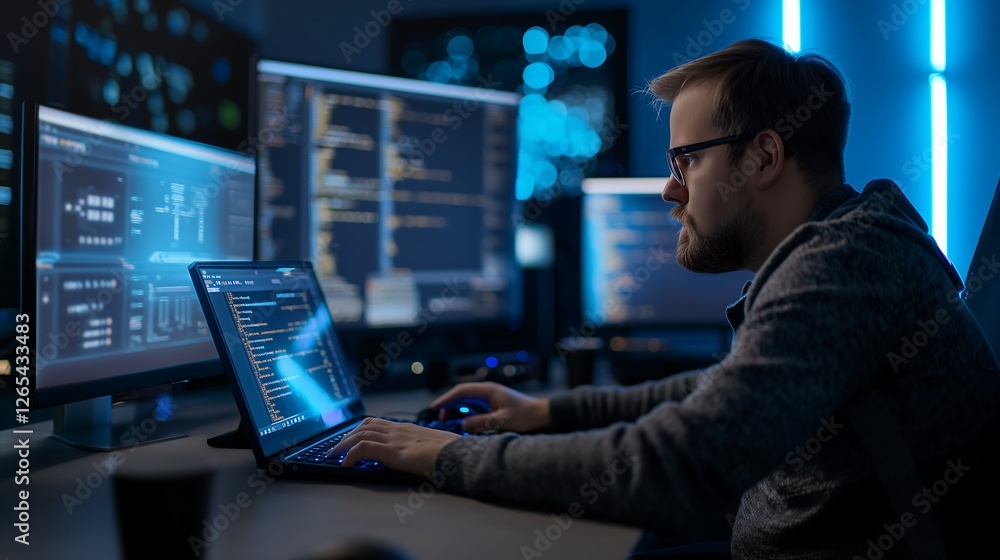 Poster a focused male tech worker sitting at a sleek workstation, typing on a futuristic keyboard with mult