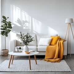 Bright Living Room Interior with White Sofa Round Table and Natural Light for Home Decor