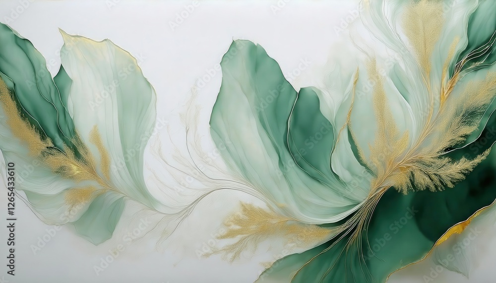 Poster delicate flowing green abstract art with golden highlights, elegant organic shapes and soft gradient