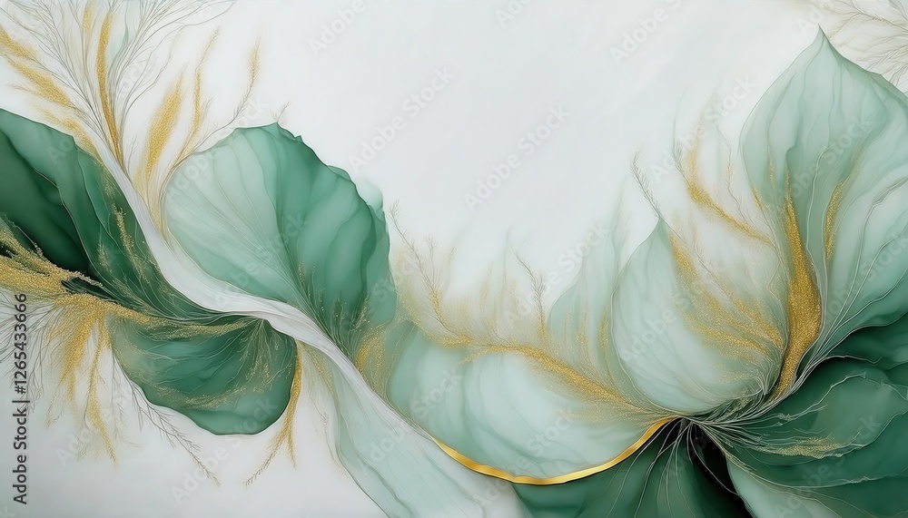 Aufkleber delicate flowing green abstract art with golden highlights, elegant organic shapes and soft gradient patterns for decor


