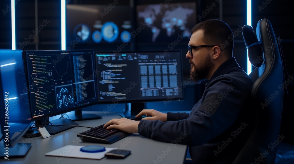 Poster a focused male tech worker sitting at a sleek workstation, typing on a futuristic keyboard with mult