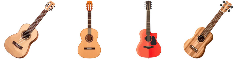 Obraz premium Retro pixel art and songs, A collection of four acoustic guitars showcasing various designs and colors, highlighting their unique shapes and craftsmanship.