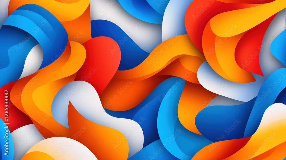 Poster a vibrant abstract background showcasing fluid shapes in bold hues of orange, blue, and white. perfe