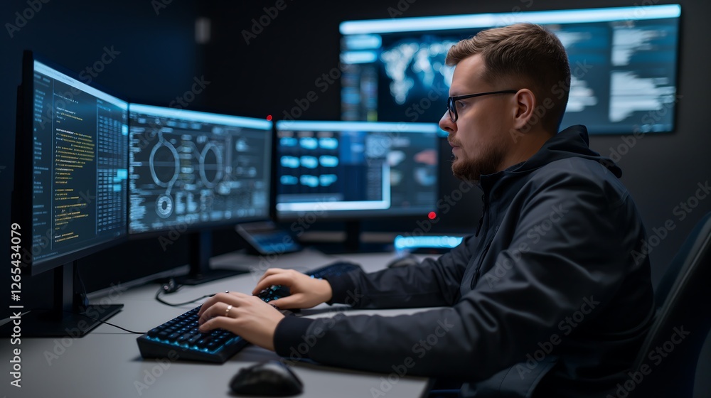 Poster a focused male tech worker sitting at a sleek workstation, typing on a futuristic keyboard with mult