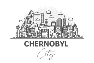 Naklejka premium Chernobyl, Ukraine architecture line skyline illustration with shadows. Linear vector cityscape with famous landmarks, city sights, design icons.