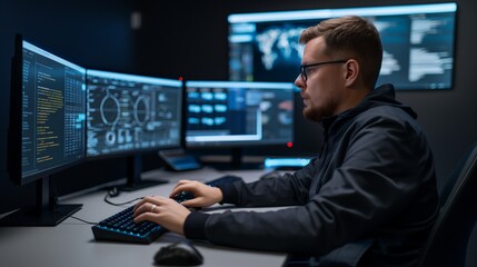  A focused male tech worker sitting at a sleek workstation, typing on a futuristic keyboard with multiple monitors displaying lines of code and cybersecurity analytics