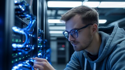 A male tech engineer in a server room, wearing a casual hoodie and glasses, carefully inspecting high-performance racks of glowing blue-lit data servers, cables neatly arranged