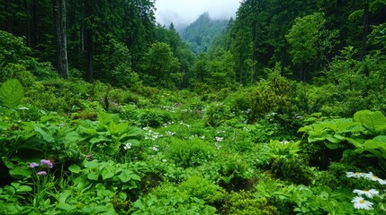 Fototapeta premium Lush green forest meadow, misty mountains, nature wallpaper