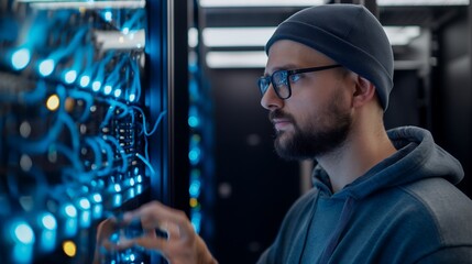 A male tech engineer in a server room, wearing a casual hoodie and glasses, carefully inspecting high-performance racks of glowing blue-lit data servers, cables neatly arranged