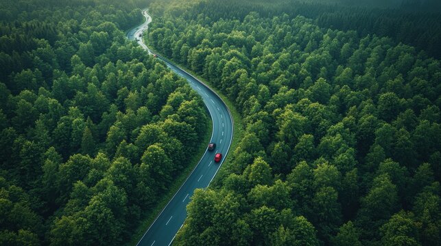 A sleek electric car or hydrogen-powered vehicle driving  through a green forest. symbolizing a future of clean energy and environmental sustainability.