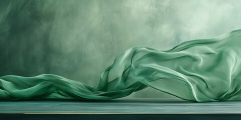 Flowing green fabric on a textured background