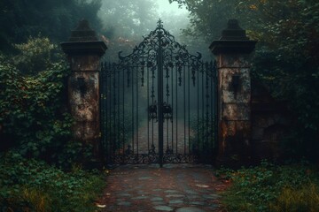 Wrought iron gate leading to mysterious foggy forest path