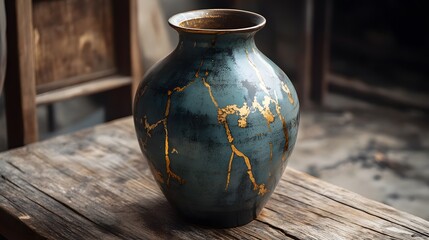 vase with golden cracks on rustic wooden table