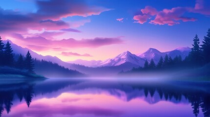 Fototapeta premium A serene lake reflects the vibrant hues of twilight, surrounded by majestic mountains and lush forests. This tranquil scene captures the essence of nature's beauty and peace.