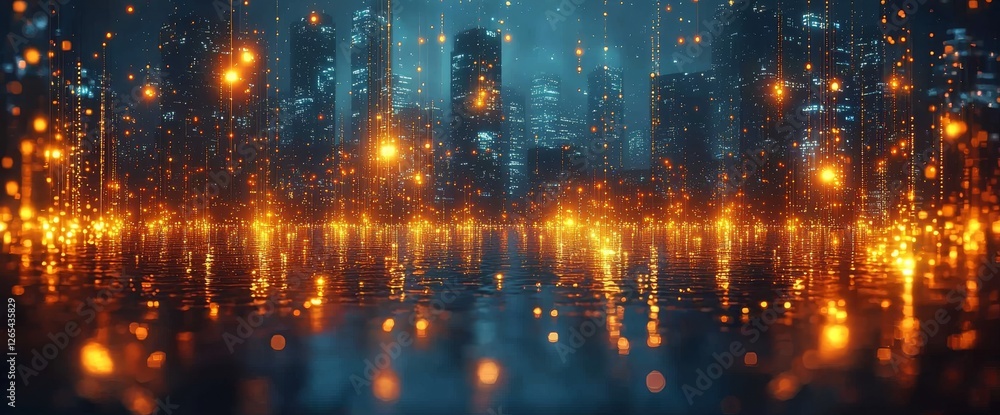 Poster smart city and abstract dot points connected with gradient lines and aesthetic intricate wave lines,