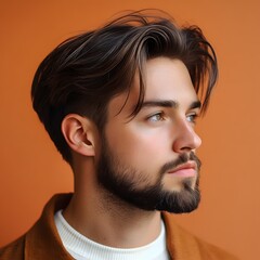 Fototapeta premium Portrait of a Thoughtful Man with Stylish Hair and Beard Against a Solid Orange Background
