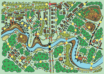 Fototapeta premium Board game field. Geographic map of a town with houses among gardens. The blue river with bridges. Seamless ground surface with topographic symbols. Multicolored circles along lines. Geometric pattern