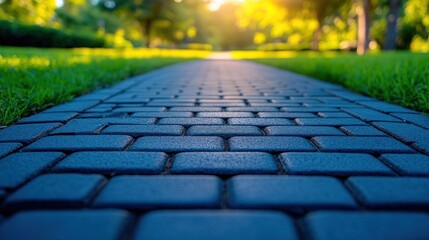 Naklejka premium Sunlit Park Path, Brick Walkway, Green Lawn