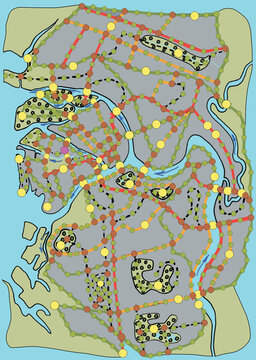 Board game field. Geographic map with grey blocks of the city on the islands. The blue water around. Seamless ground surface with topographic symbols. Colored circles along lines. Geometric pattern.