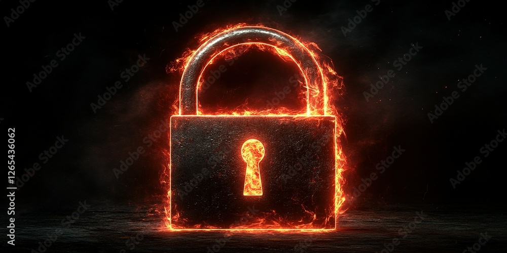 Poster dark background illuminated by a fiery lock symbolizing security and protection in digital realms