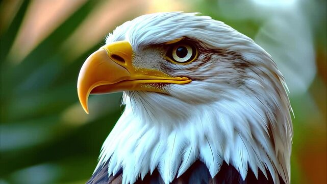 A close-up of a bald eagle, featuring its distinctive white head and yellow beak against a blurred green background.