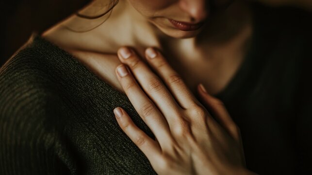 Serene Woman, Hand on Chest, Intimate Self-Care Touch