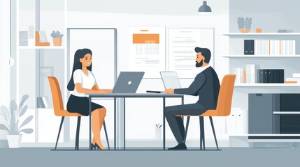 Smiling business colleagues meeting at office desk with laptops