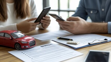 Couple Using Phones for Car Insurance with Model Car on Table