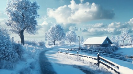 Obraz premium Snowy Countryside Landscape with Trees and Wooden Fences