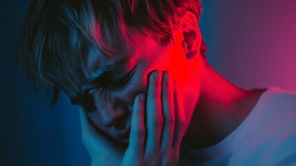 Sad Man Holding Face in Pain Under Red and Blue Light.