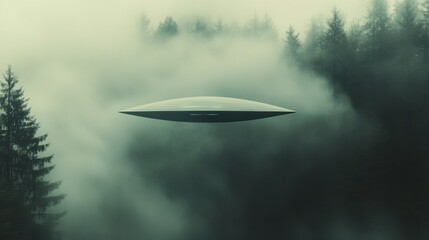 Mysterious Encounter: UFO emerges from misty forest, otherworldly, eerie