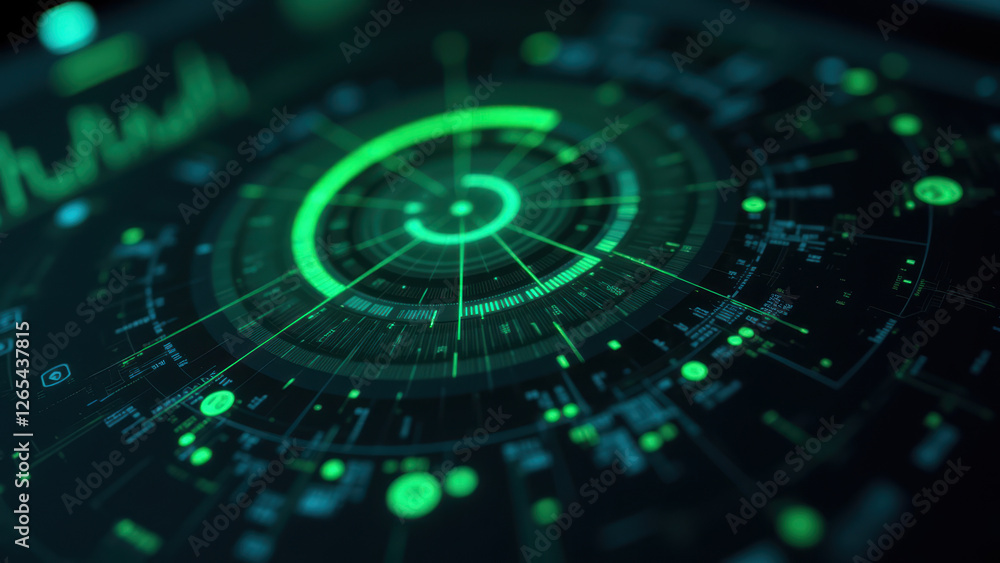 Poster a glowing green cybernetic interface with a digital encryption pattern, symbolizing internet securit
