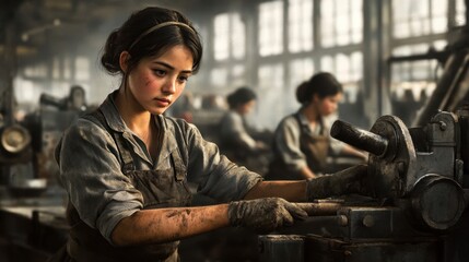 Focused Asian Woman Working Lathe in Factory, Industry Era
