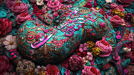 Intricate floral design with vibrant colors and textures, showcasing a heart-shaped object surrounded by roses and blossoms, set against a richly detailed background filled with various flowers