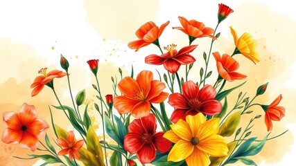 Vibrant Red and Yellow Flowers with Watercolor Background