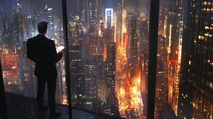 CEO looking out of a skyscraper window, contemplating an important decision, moody lighting