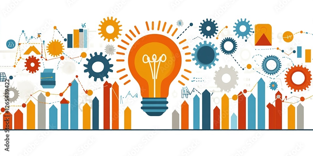 Poster creative design of light bulb surrounded by gears and charts representing innovation and technology 