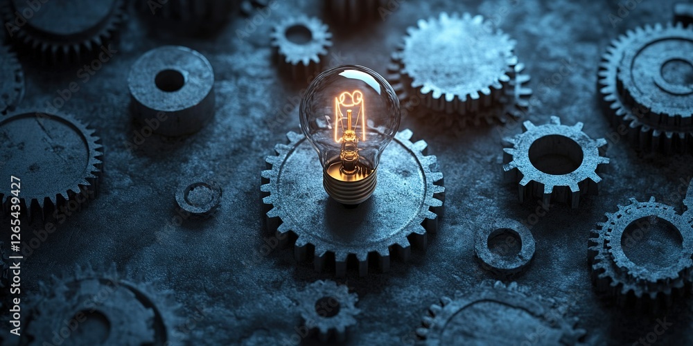 Poster conceptual light bulb surrounded by metallic gears creating an industrial atmosphere in a dark envir