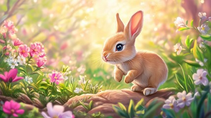 Cute rabbit in Spring field.