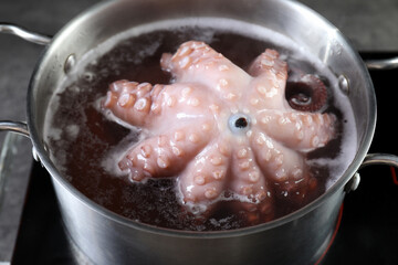Fresh octopus boiling in pan on stove, closeup