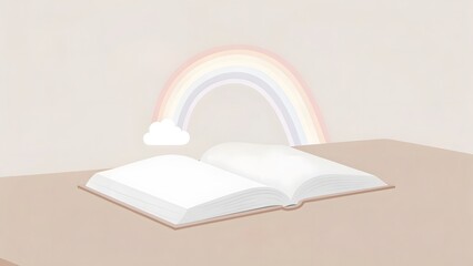 Imaginative reading experience open book with rainbow illustration digital art minimalist environment whimsical perspective inspiring creativity and joy