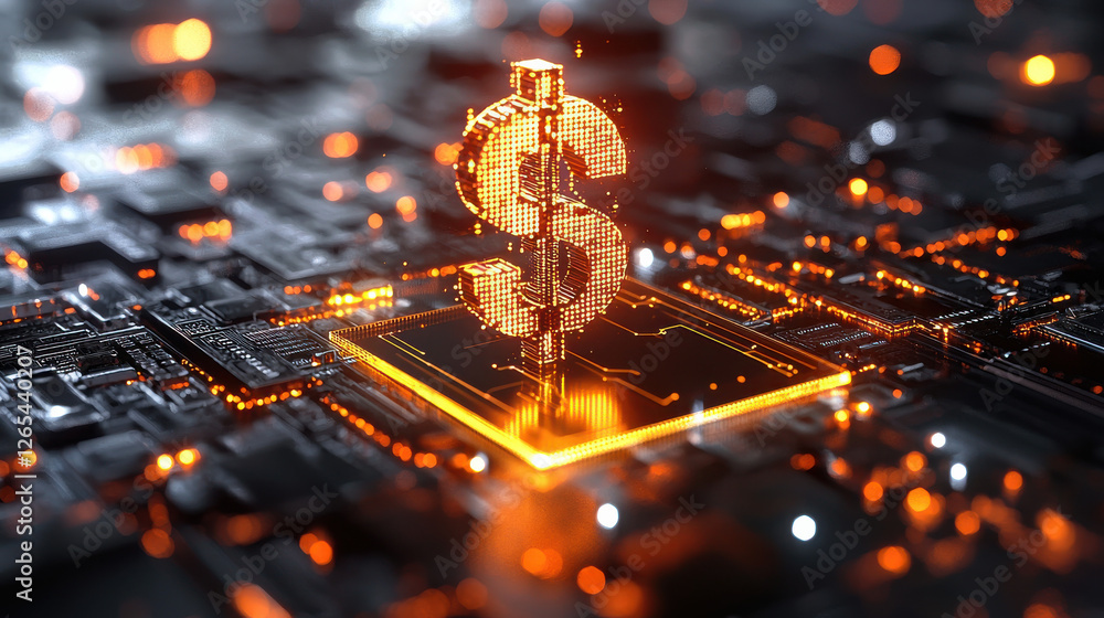 Poster mesmerizing display of holographic currency symbols on digital circuit board, showcasing fusion of t
